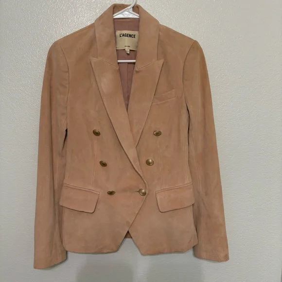 L'AGENCE Kenzie Double Breasted Goat Leather Blazer Beige Size 0 - Picture 5 of 11
